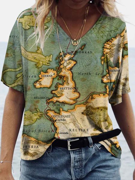 

Vintage Map Printed Sleeveless Casual Tee, As picture, Tees & T-shirts