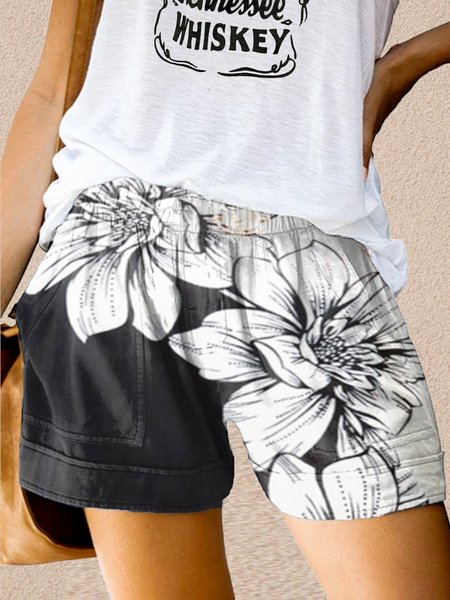 Vita Alta Casuale Floreale Pantaloncini, Nero-bianco, Bottoms