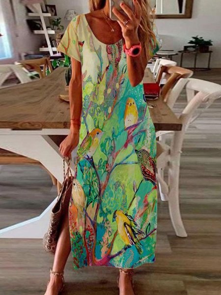 

Poco uccello Stampato Girocollo Maniche Corte Abito, Verde, Dresses