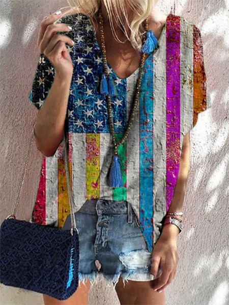 

Printed Casual Cotton-Blend Short Sleeve Tops, Multicolor, Tees & T-shirts