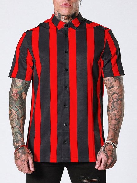

Men's Shirt Collar Striped Cotton-Blend Shirts & Tops, Red, Blouses&Shirts