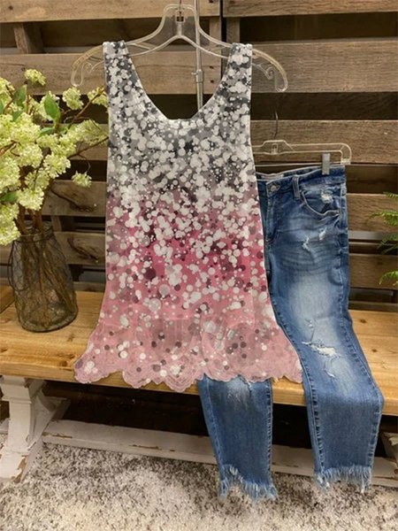 

Misto Cotone senza maniche Stampato Casuale Top, Rosa, Tops