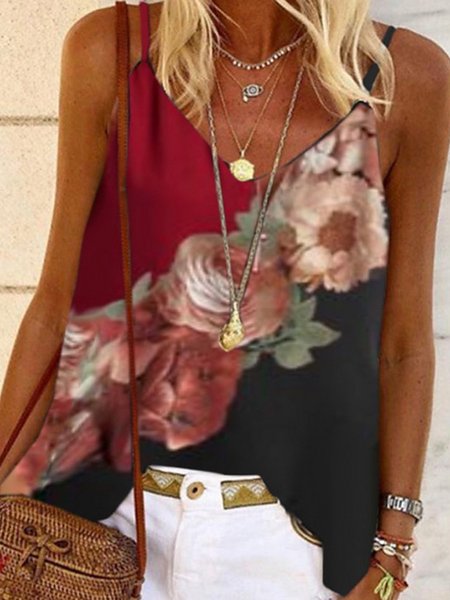 

Misto Cotone Floreale Vintage Top, Rosso, Tops