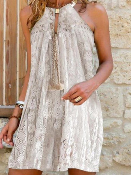 

Vintage Sleeveless Plain Lace Halter Plus Size Casual Dresses, White, Dresses