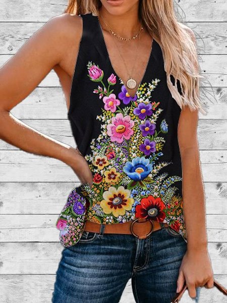 

Scollo a V senza maniche Misto Cotone Top, Nero, Tops