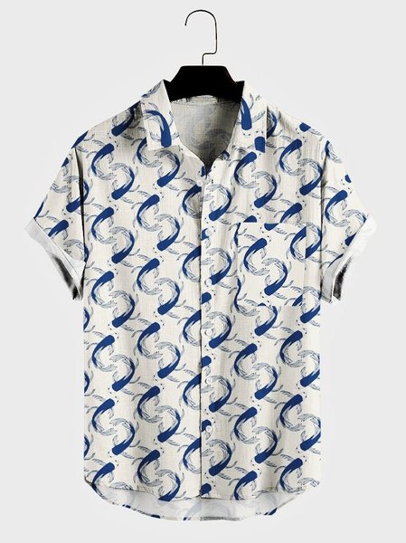 

Mens Fish Print Pocket Lapel Casual Loose Short Sleeve Shirt, Blue, Men's shirts