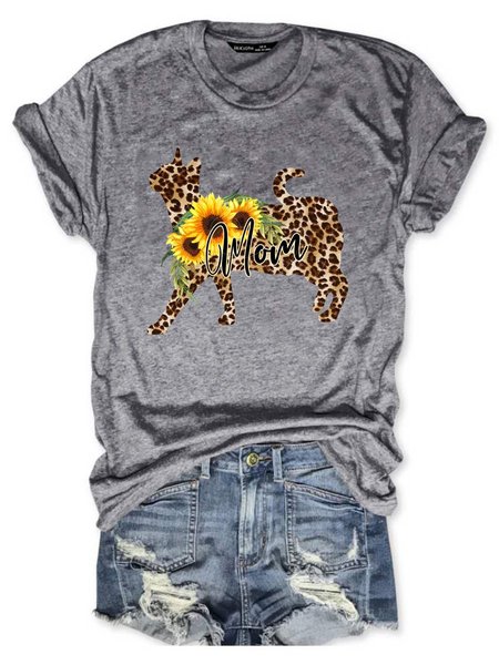

Cat Mom Sunflower Leopard Graphic Casual Tee, Gray, T-shirts