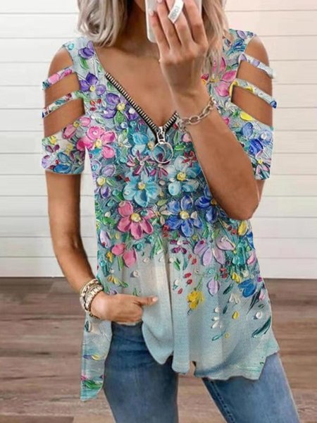 

Maniche Corte Cerniera Misto Cotone Top, Blu, Blouses & Shirts
