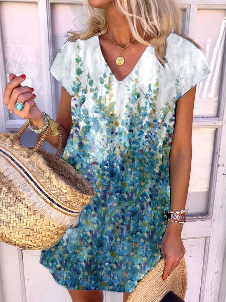 

Casual Floral Printed Short Sleeve Women Dress, Blue, Mini Dresses