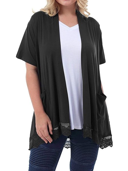 

Women's Plus Size Short Sleeve Lace Trim Lightweight Printed Drape Cardigan with Pockets, Black, T-Shirts