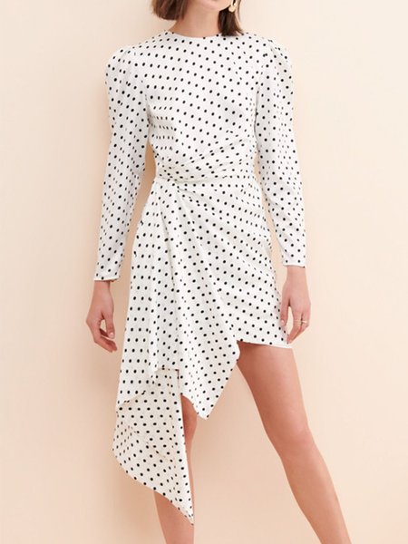 

Polka Dots Elegant Crew Neck Long Sleeve Party Dress, White, Midi Dresses