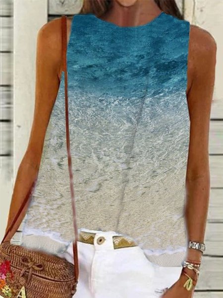 

Sleeveless Simple Cotton Crew Neck Shirts & Tops, Blue, Tops
