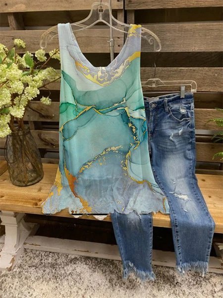 

Stampato senza maniche Girocollo Casuale Top, Blu, Tops
