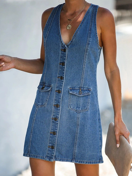 

Denim Scollo a V Casuale Tinta Unita Abito, Blu, Casual Dresses