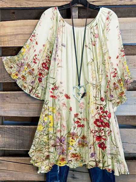 

Floreale Mezza Manica Misto Cotone Stampato Floreale Abito, Verde, Dresses