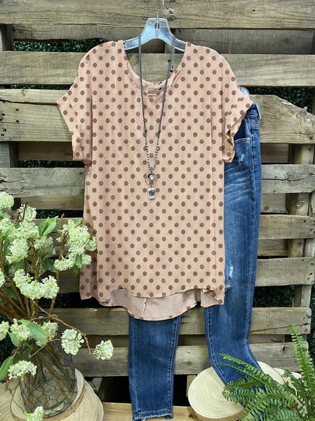 

Polka Dot Graphic Short-Sleeved Casual Top, As picture, T-shirts