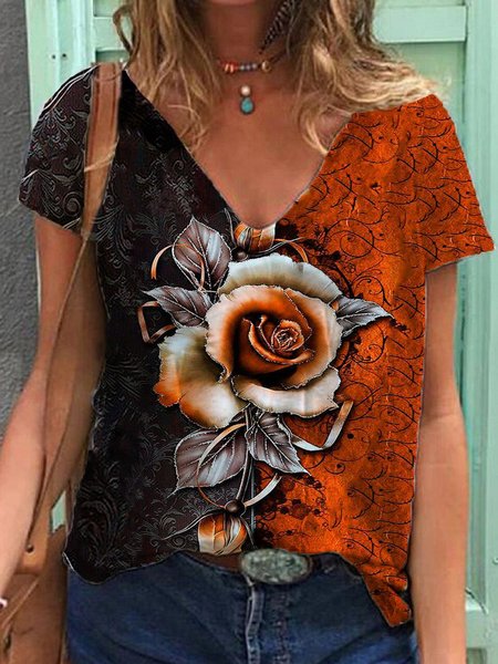 

Maniche Corte Casuale Scollo a V Top, Arancia, Tops