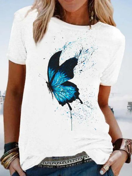 Butterfly Short Sleeve Printed Cotton blend Crew Neck Casual Summer White Top