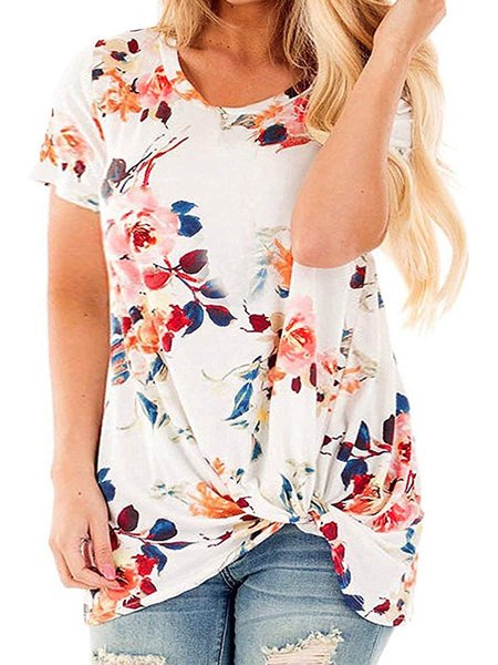 

Women's Plus Size Knotted Tops Short Sleeve Tees Casual Tunics Blouses, White, T-Shirts