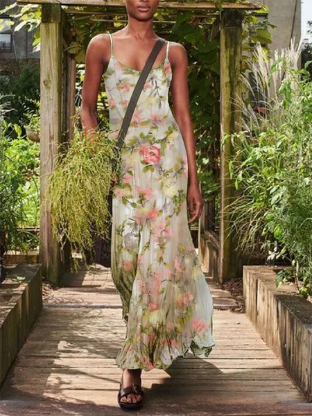 

Romantico Fioritura Fiori Stampato Floreale Scollo a U Bohemian Dritto Abito, Bianco, Dresses