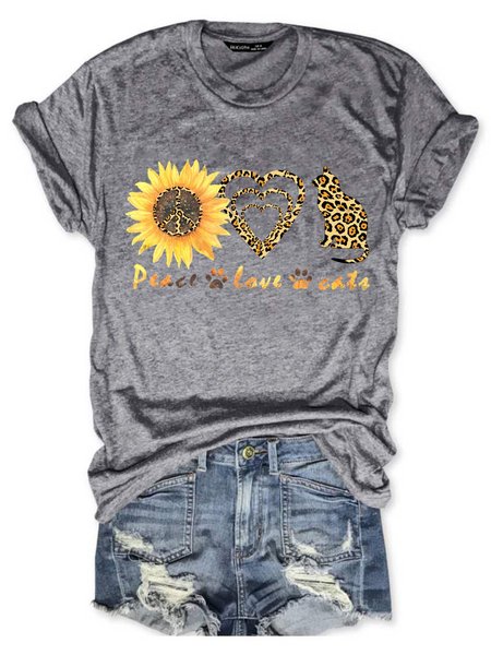 

Peace Love Cats Graphic Casual Tee, Gray, T-shirts