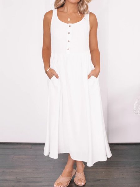 

Shift Pockets Solid Casual Midi Dress, White, Maxi Dresses