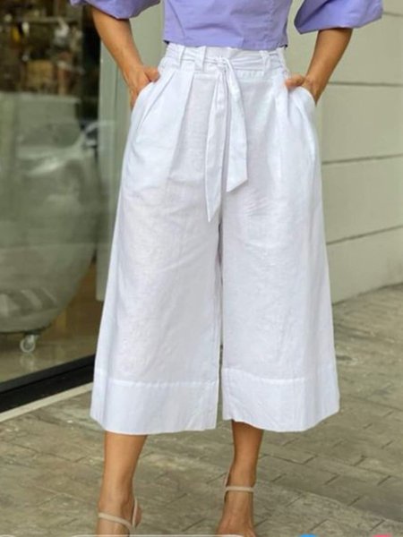 

Casual Polyester Cotton Wide Leg Pants, White, Wide Leg Pants