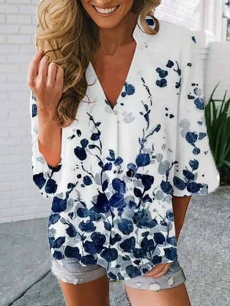 

Casuale Misto Cotone Stampato Maniche Corte Top, Bianco, Tops