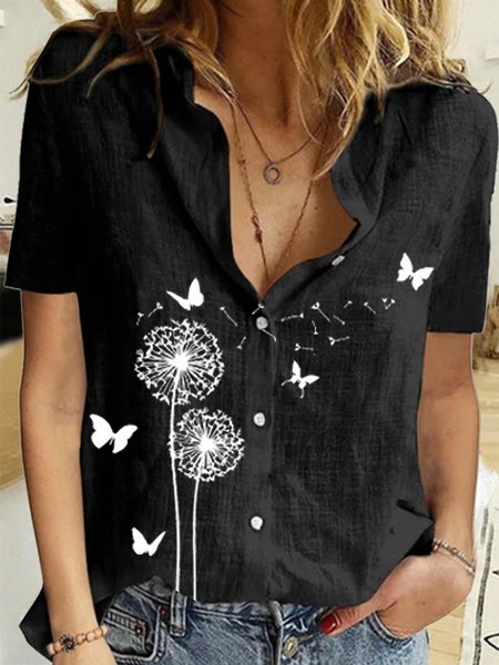 

Floral Casual Shawl Collar Cotton Blouse, Black, Shirts & Blouses