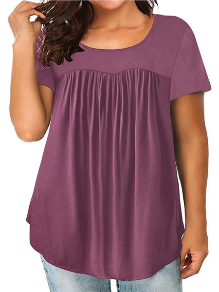 

Plain A-Line Short Sleeve Cotton Tops, Pink, T-Shirts