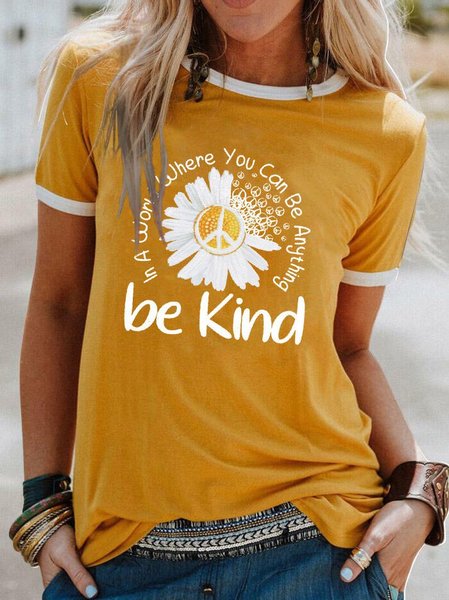 

Cotton-Blend Short Sleeve Casual Letter Be Kind T-shirt, Yellow, T-Shirts