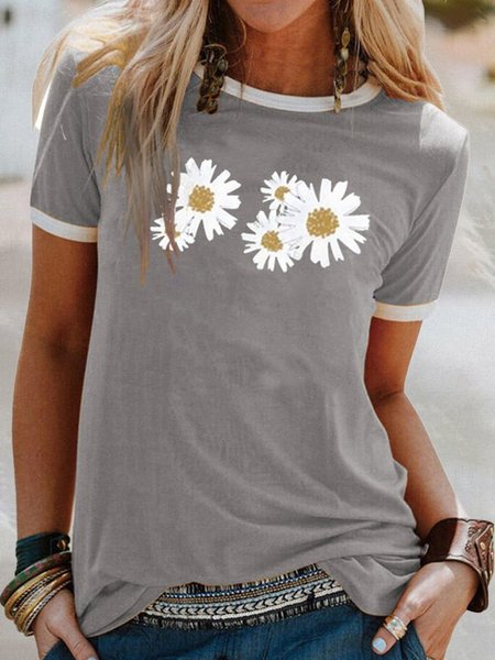 

Casual Short Sleeve Striped Cotton-Blend T-shirt, Gray, T-Shirts