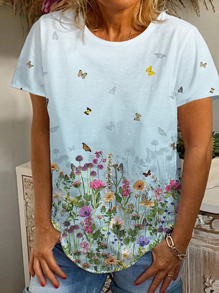 

Farfalla Misto Cotone Girocollo Maniche Corte Top, Azzurro, Tops