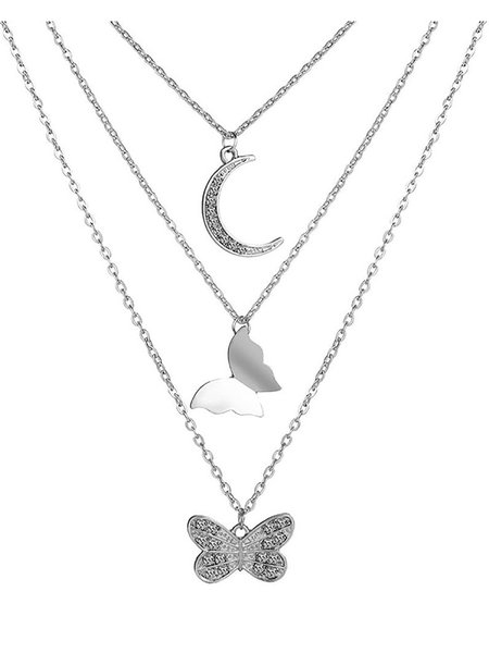 Inlaid Water Drill Butterfly Pendant Necklace, Silver, Others