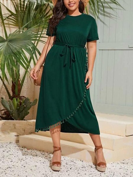 

Polyester Cotton Short Sleeve Holiday Solid Weaving Dress, Darkgreen, Casual Dresses