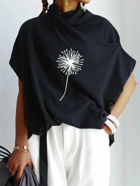 Casuale Maniche Corte Stampato Top, Nero, Blouses & Shirts