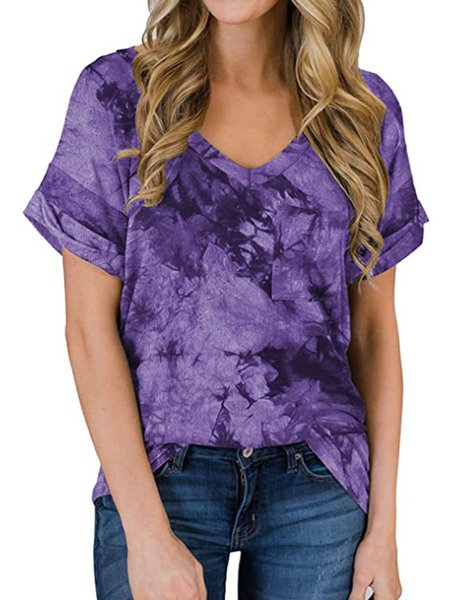 

Summer Tie Dye Gradient V-neck Pocket Graphic Tee, Purple, T-shirts