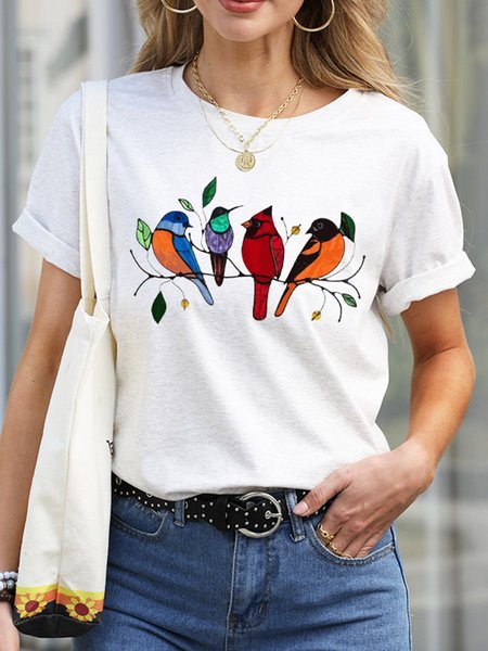 

Four Multicolor Birds Graphic Tee Standing on the Branch, White-gray, T-shirts