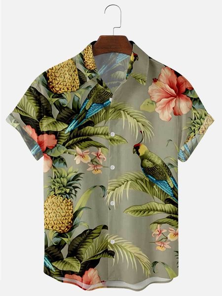

Mens Parrots Tropical Print Lapel Casual Loose Short Sleeve Hawaiian Shirt, Khaki, Shirts