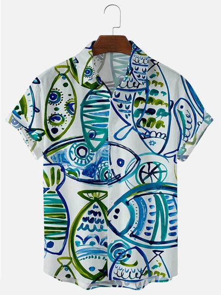 

Mens Fish Print Lapel Casual Loose Short Sleeve Hawaiian Shirt, White, Shirts