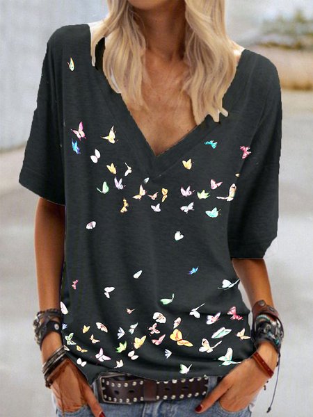 

Misto Cotone Scollo a V Casuale Top, Nero, Tops