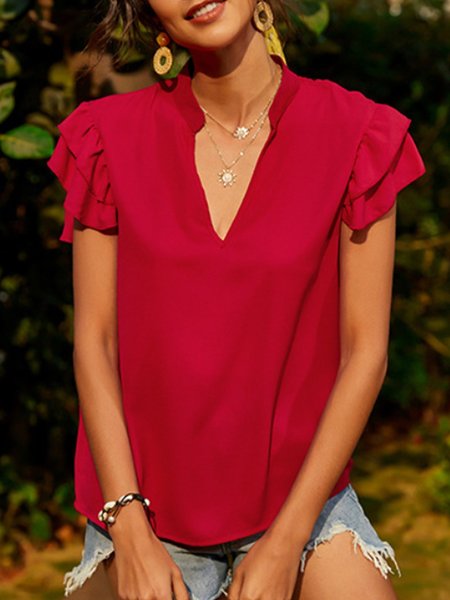 

Shift Casual V Neck Short Sleeve Solid Blouse, Red, Blouses and Shirts