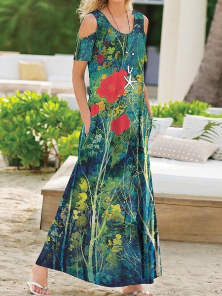 

Estate Tempo libero Sciolto incavato Manica pianta Stampa Casuale Dritto Maniche Corte Abito, Verde, Maxi Dresses