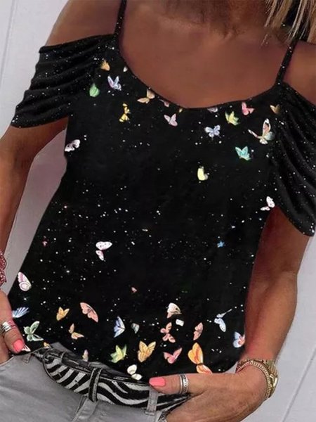 

Vintage Maniche Corte Farfalle Stampato Scollo a V taglia grande Casuale Top, Nero, Tops