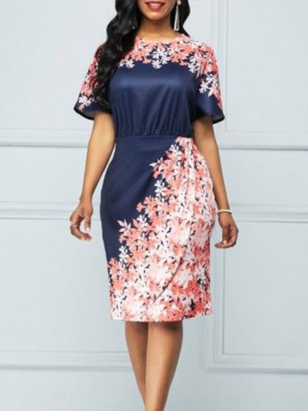 

Short Sleeve Crew Neck Casual Midi Dress, As picture, Midi Dresses