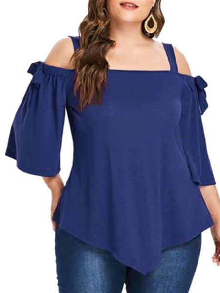 

Short Sleeve Off Shoulder Cotton-Blend Casual Tops, Navyblue, Tops