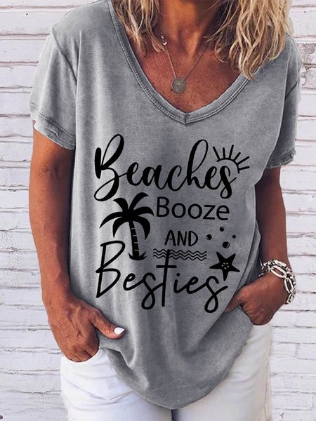 

Girls Beach Trip Graphic V Neck T-shirt, Gray, T-shirts