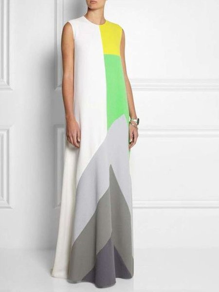 

Casual Geometric Crew Neck Color-block Maxi Dress, As picture, Maxi Dresses