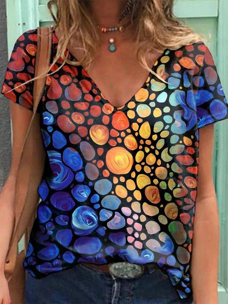 

Short Sleeve Casual Abstract Ombre/Tie-Dye T-shirt, Multicolor, T-Shirts