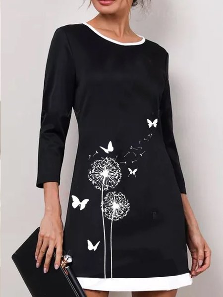 

Dritto Floreale 3/4 Manica Girocollo Abito, Nero, Midi Dresses